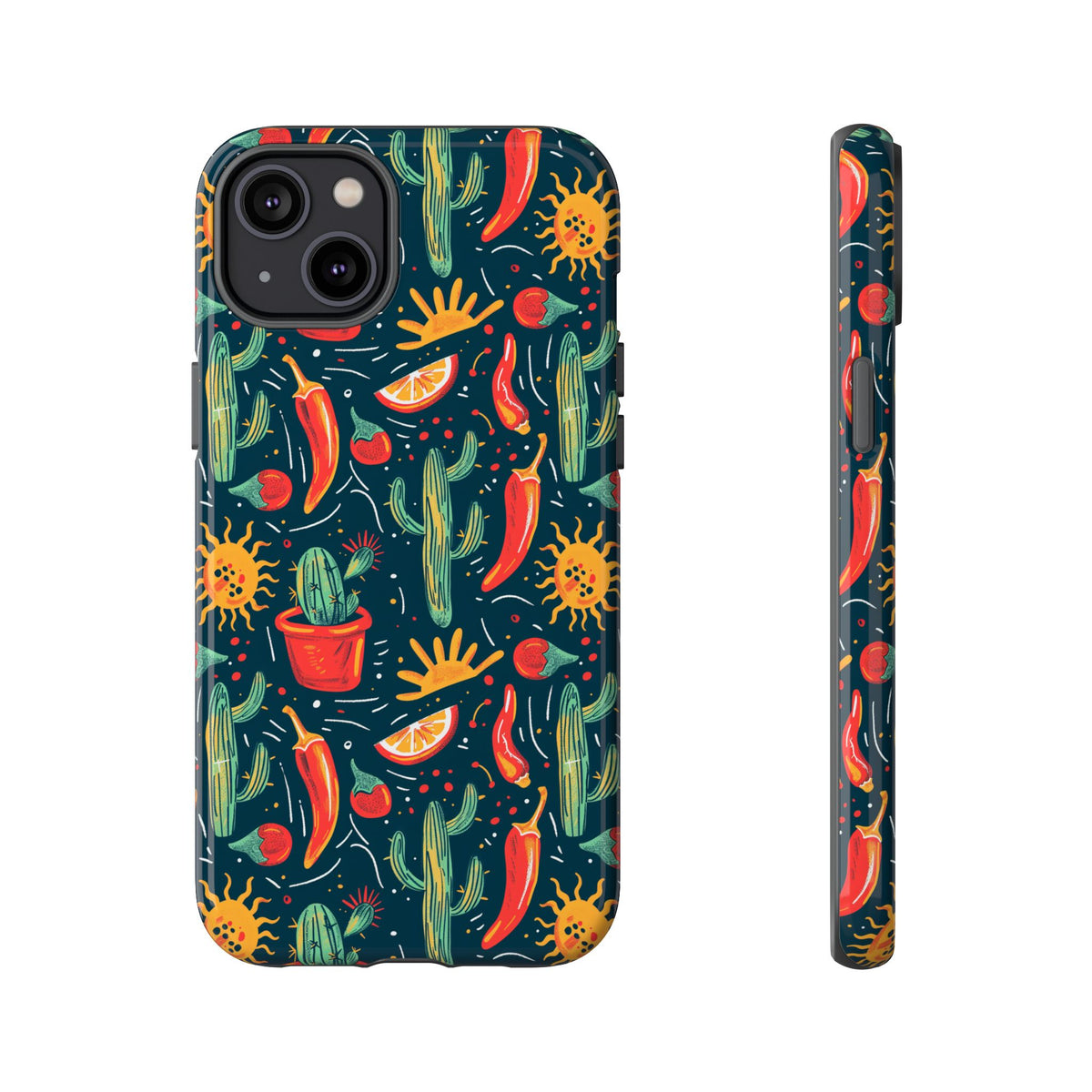 Cactuses, Peppers & Sun Pattern Phone Case – Vibrant Summer Design for Stylish Protection