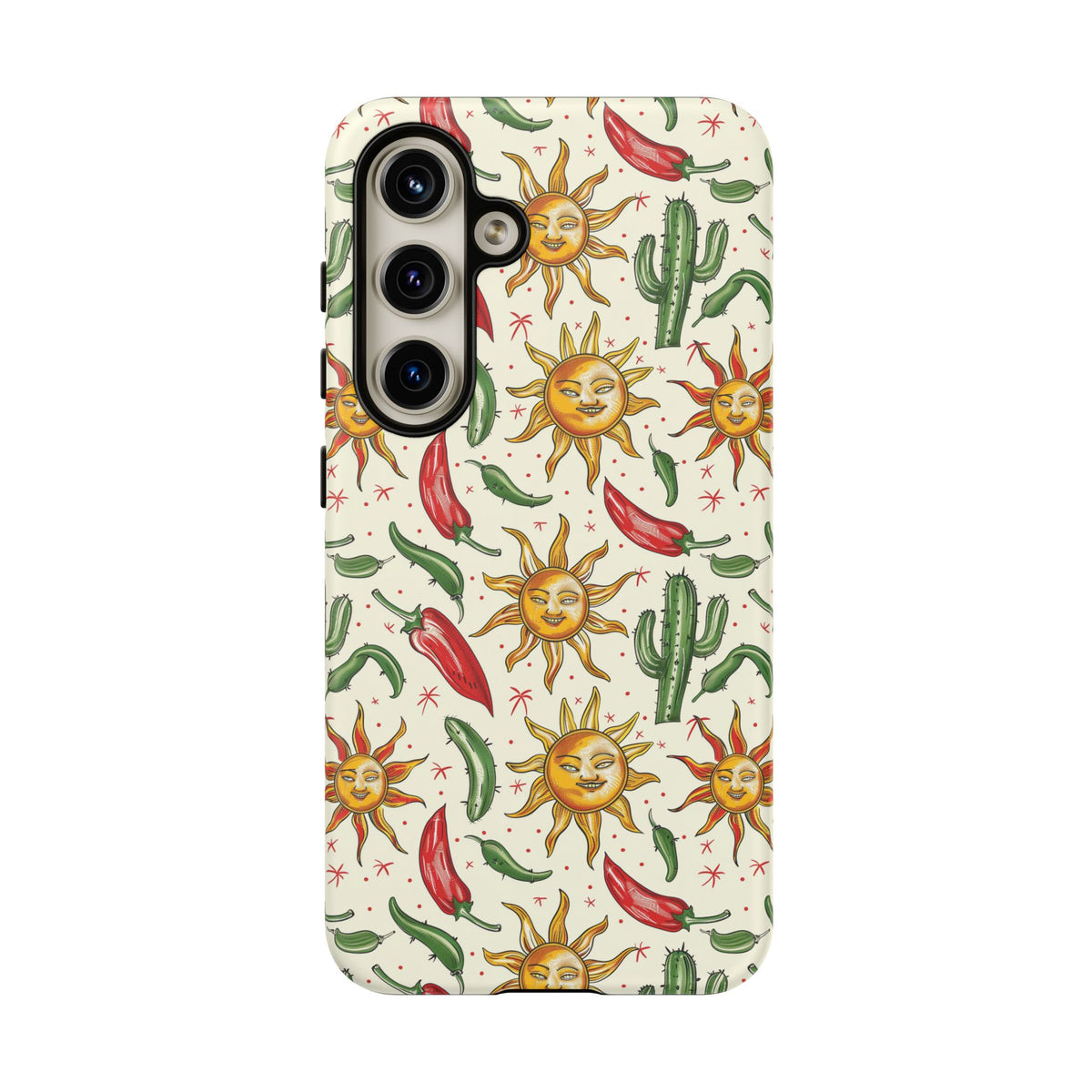 Cactuses, Peppers & Sun Pattern Phone Case – Vibrant Summer Design for Stylish Protection