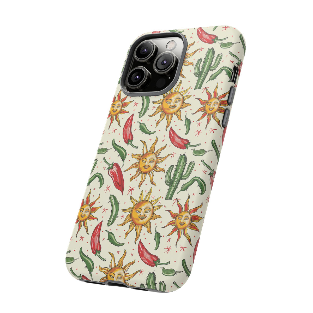 Cactuses, Peppers & Sun Pattern Phone Case – Vibrant Summer Design for Stylish Protection