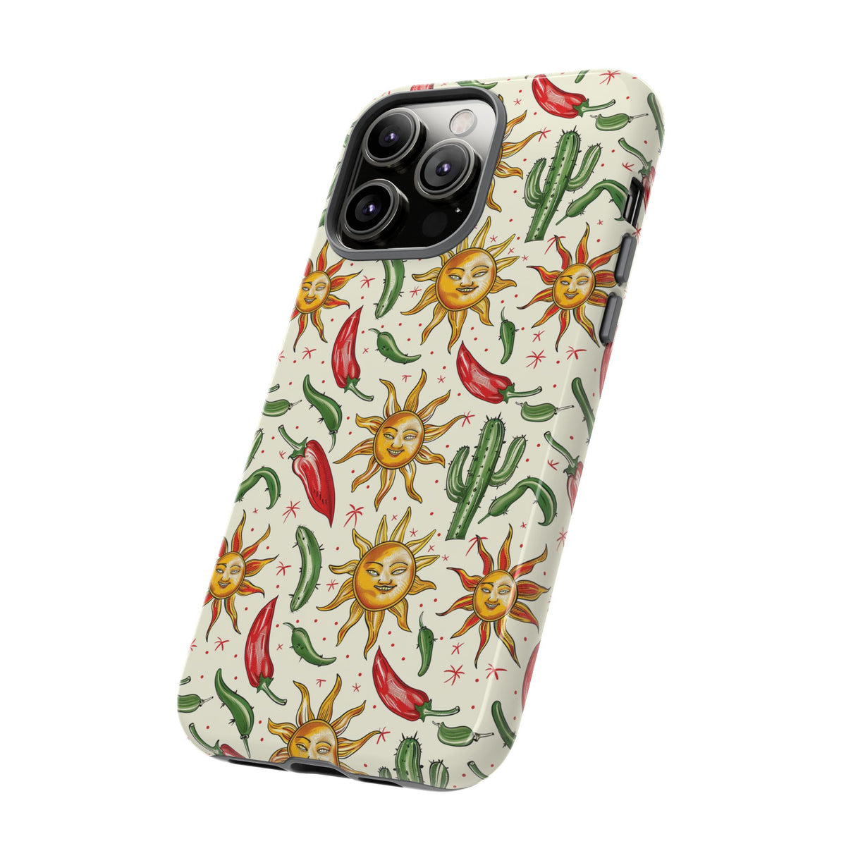 Cactuses, Peppers & Sun Pattern Phone Case – Vibrant Summer Design for Stylish Protection