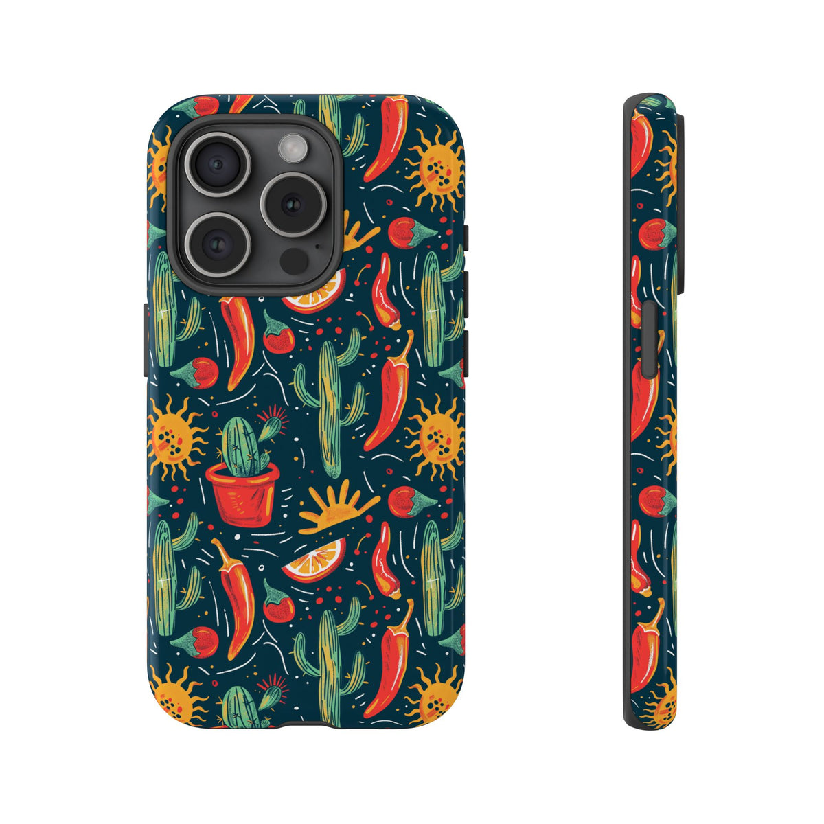 Cactuses, Peppers & Sun Pattern Phone Case – Vibrant Summer Design for Stylish Protection