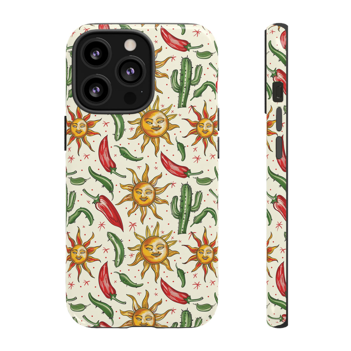 Cactuses, Peppers & Sun Pattern Phone Case – Vibrant Summer Design for Stylish Protection