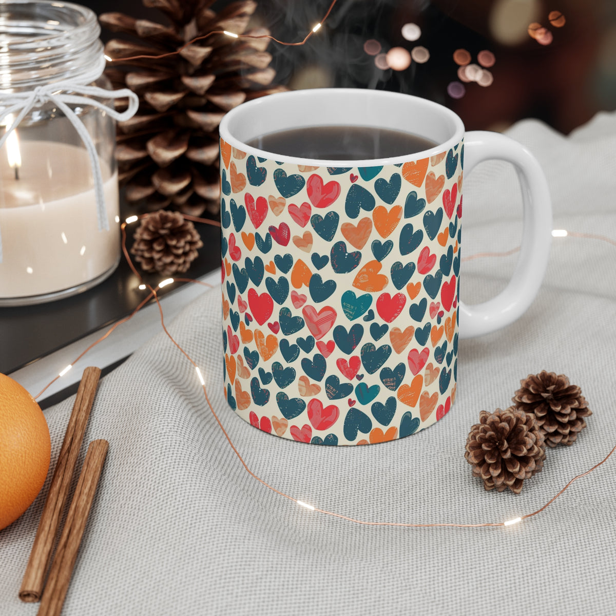Colorful Heart Design Coffee Mug - Endless Love Pattern Ceramic Cup 991