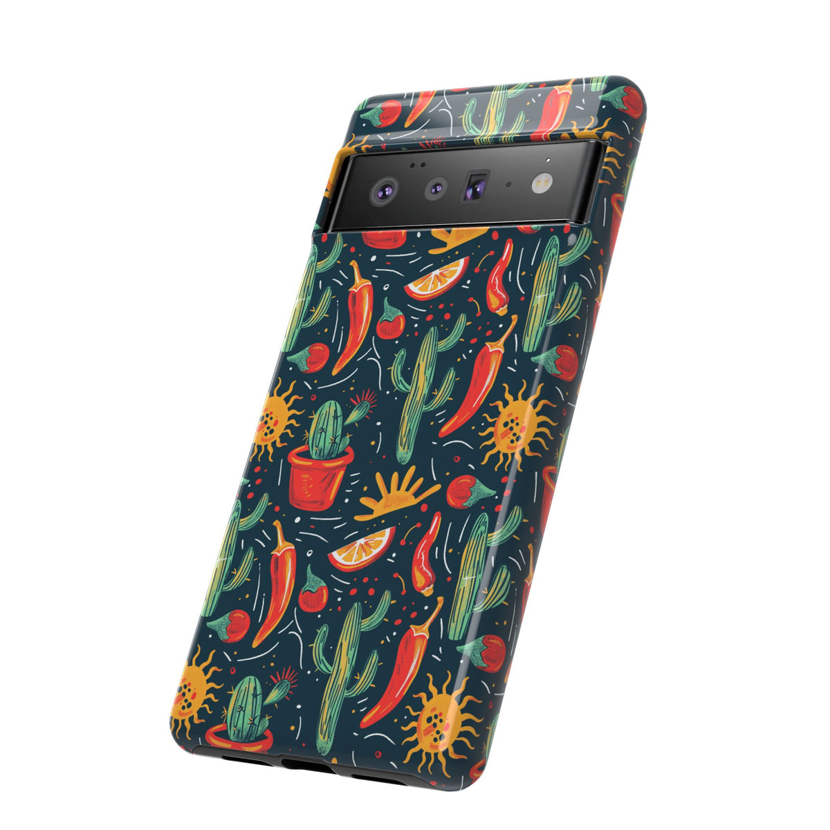 Cactuses, Peppers & Sun Pattern Phone Case – Vibrant Summer Design for Stylish Protection