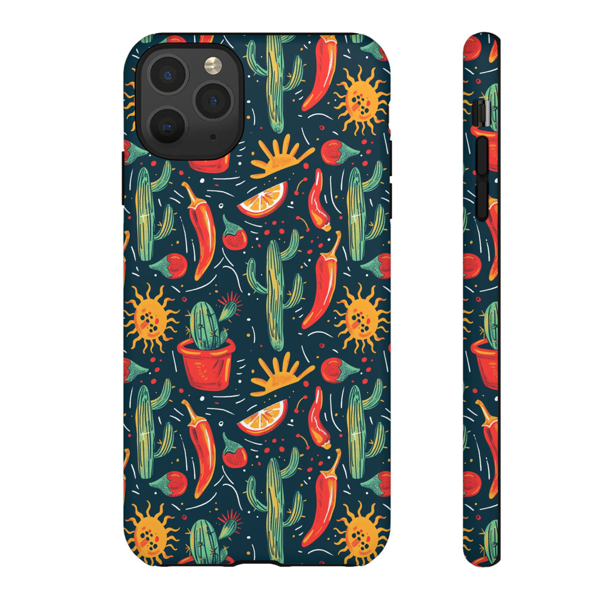 Cactuses, Peppers & Sun Pattern Phone Case – Vibrant Summer Design for Stylish Protection