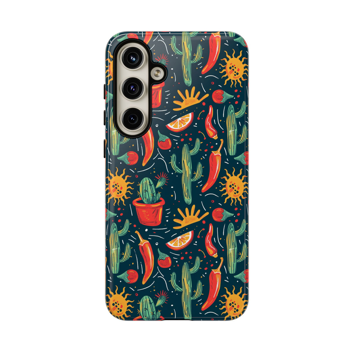 Cactuses, Peppers & Sun Pattern Phone Case – Vibrant Summer Design for Stylish Protection