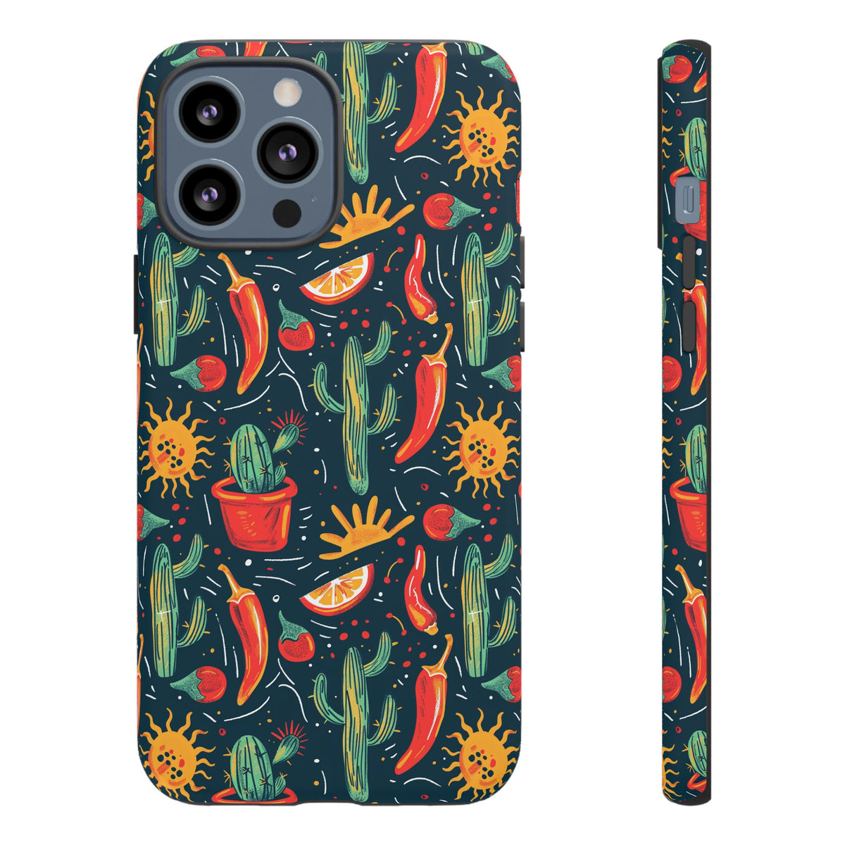 Cactuses, Peppers & Sun Pattern Phone Case – Vibrant Summer Design for Stylish Protection