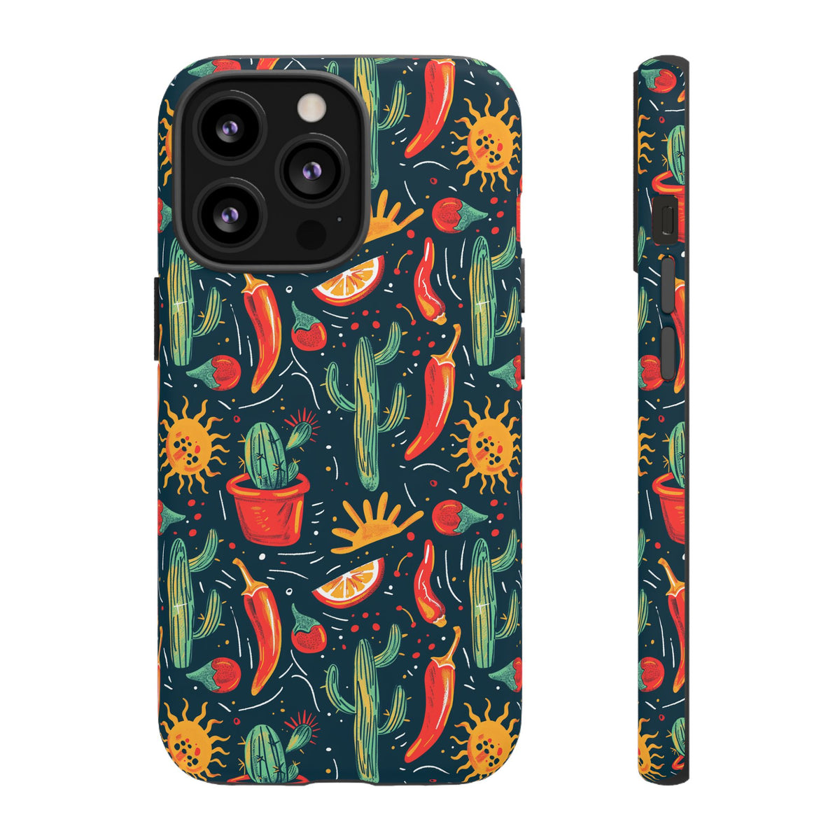 Cactuses, Peppers & Sun Pattern Phone Case – Vibrant Summer Design for Stylish Protection