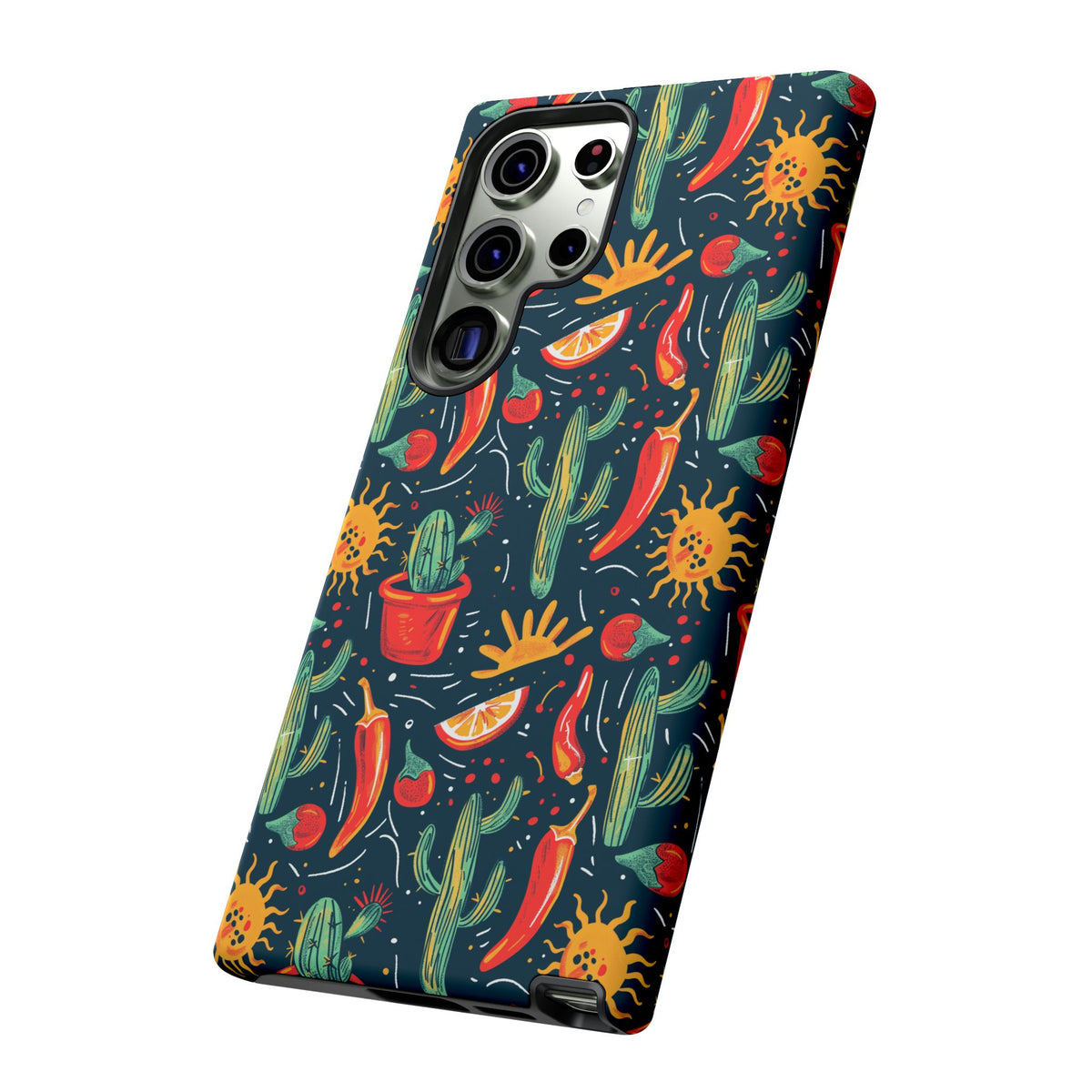 Cactuses, Peppers & Sun Pattern Phone Case – Vibrant Summer Design for Stylish Protection