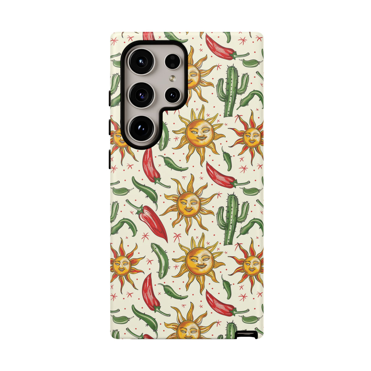 Cactuses, Peppers & Sun Pattern Phone Case – Vibrant Summer Design for Stylish Protection