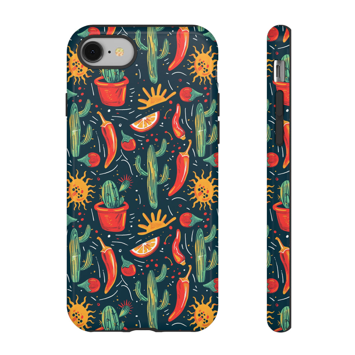 Cactuses, Peppers & Sun Pattern Phone Case – Vibrant Summer Design for Stylish Protection