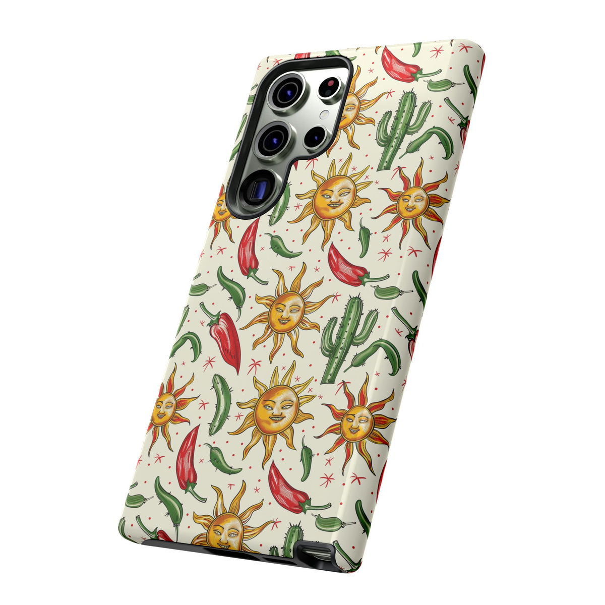 Cactuses, Peppers & Sun Pattern Phone Case – Vibrant Summer Design for Stylish Protection