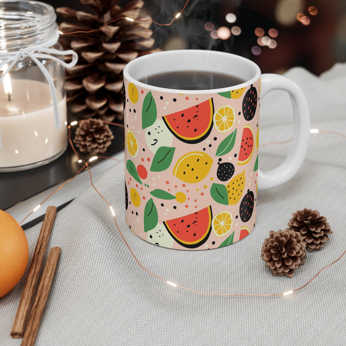 Vibrant Infinite Fruit Pattern Coffee Mug - Unique Ceramic Drinkware 936