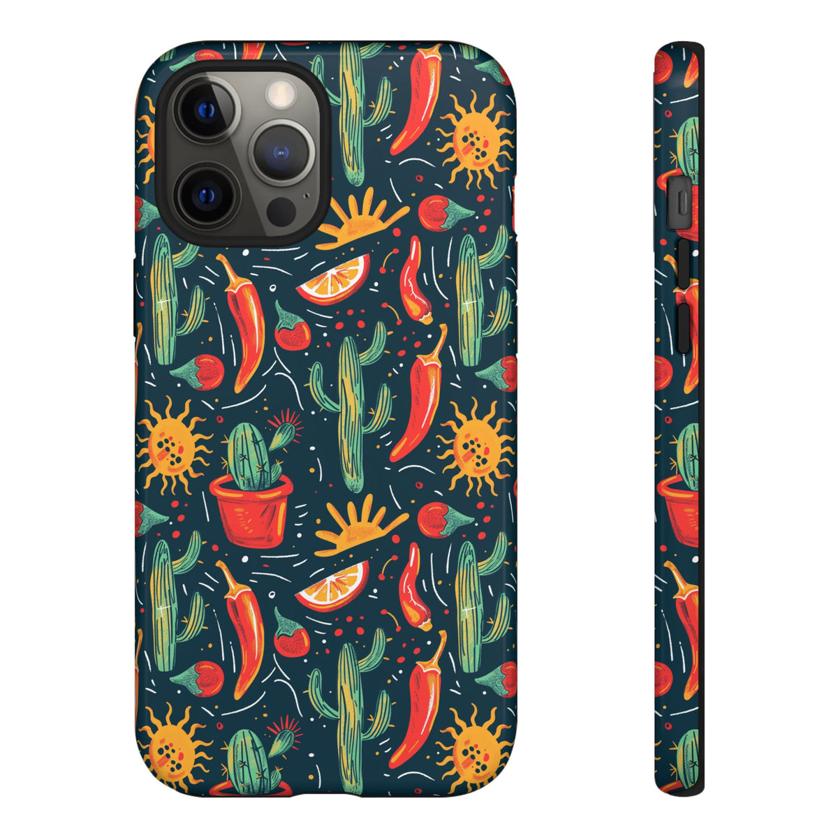 Cactuses, Peppers & Sun Pattern Phone Case – Vibrant Summer Design for Stylish Protection