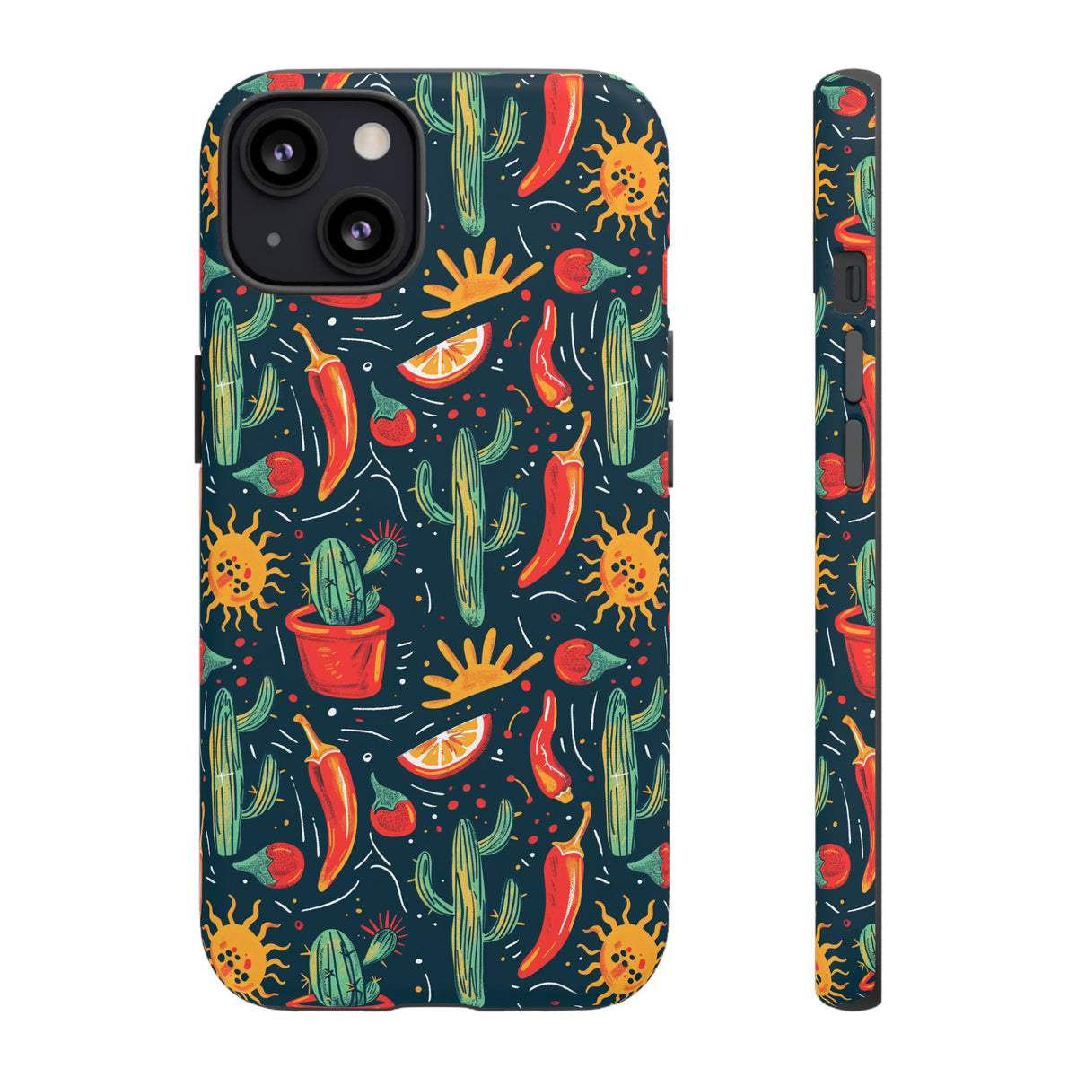 Cactuses, Peppers & Sun Pattern Phone Case – Vibrant Summer Design for Stylish Protection