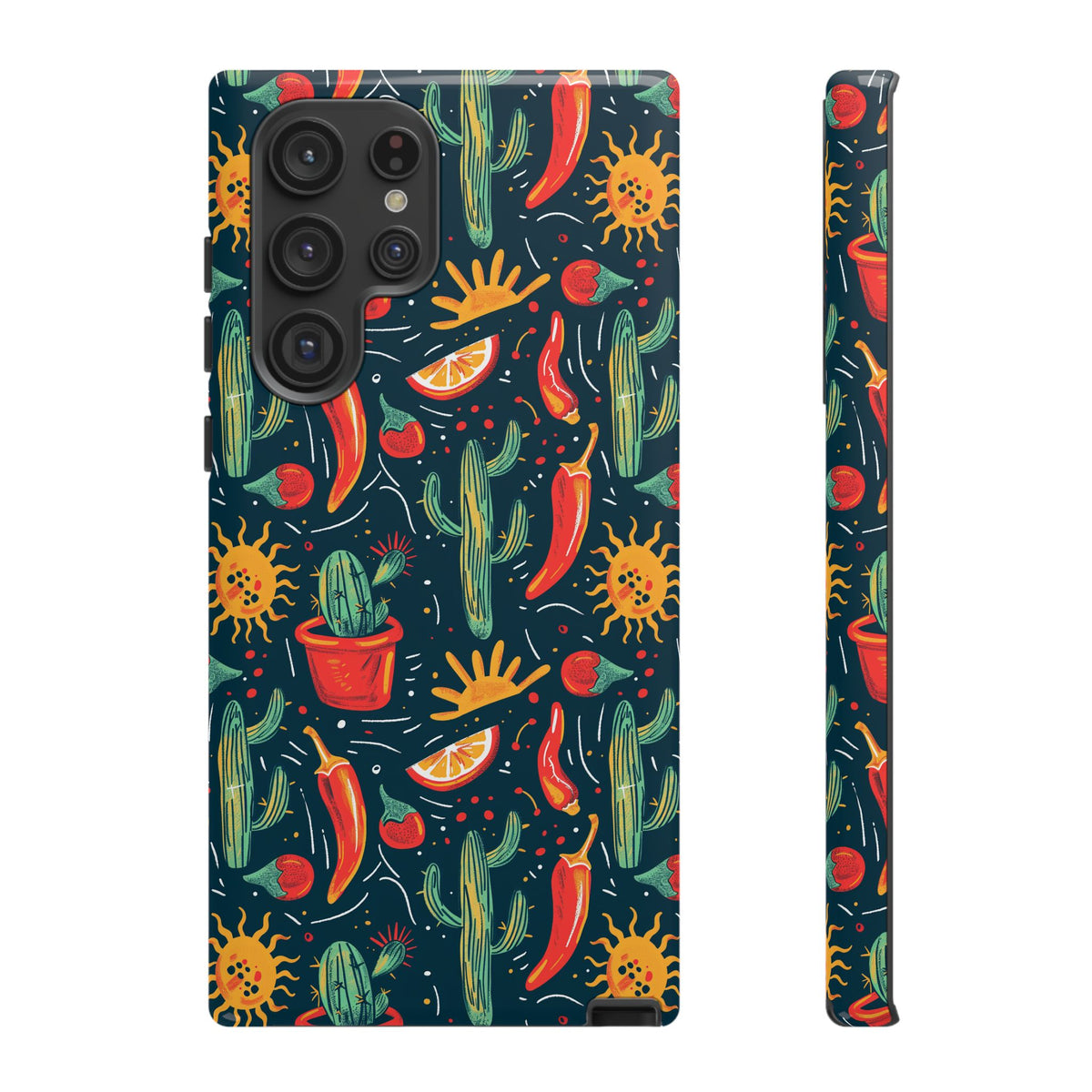 Cactuses, Peppers & Sun Pattern Phone Case – Vibrant Summer Design for Stylish Protection