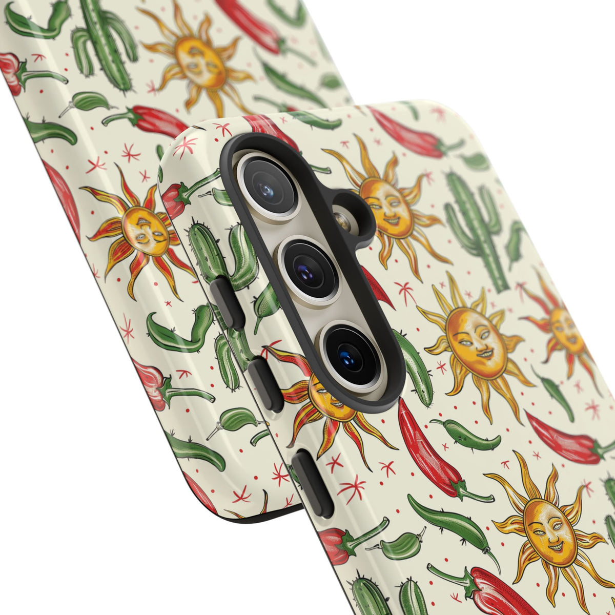 Cactuses, Peppers & Sun Pattern Phone Case – Vibrant Summer Design for Stylish Protection