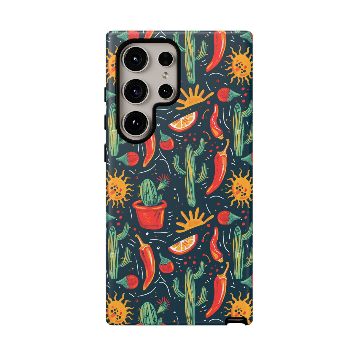 Cactuses, Peppers & Sun Pattern Phone Case – Vibrant Summer Design for Stylish Protection