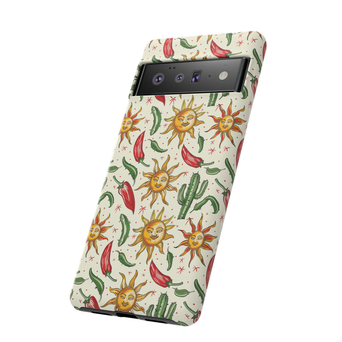 Cactuses, Peppers & Sun Pattern Phone Case – Vibrant Summer Design for Stylish Protection