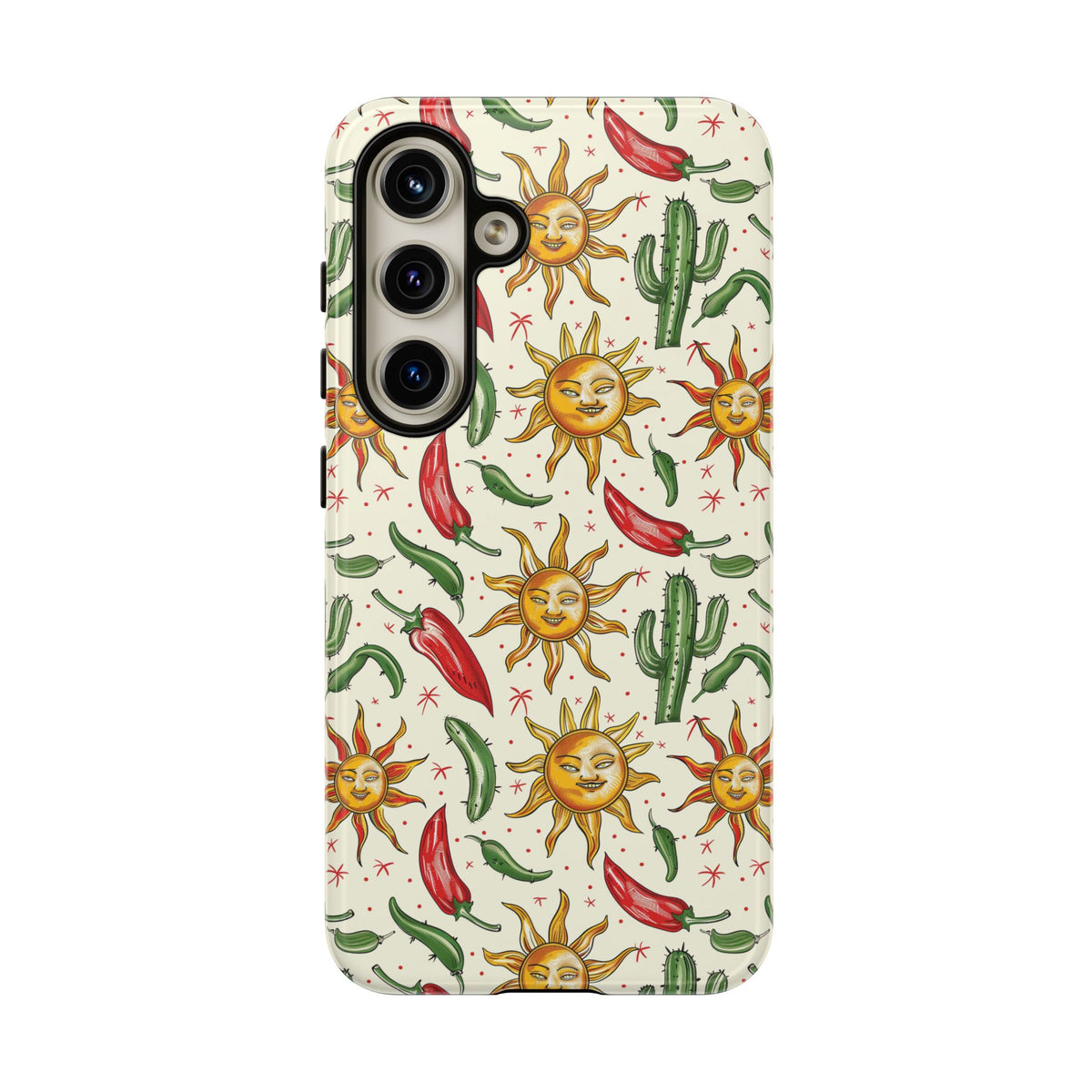 Cactuses, Peppers & Sun Pattern Phone Case – Vibrant Summer Design for Stylish Protection