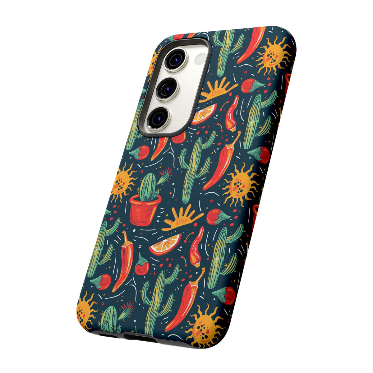 Cactuses, Peppers & Sun Pattern Phone Case – Vibrant Summer Design for Stylish Protection