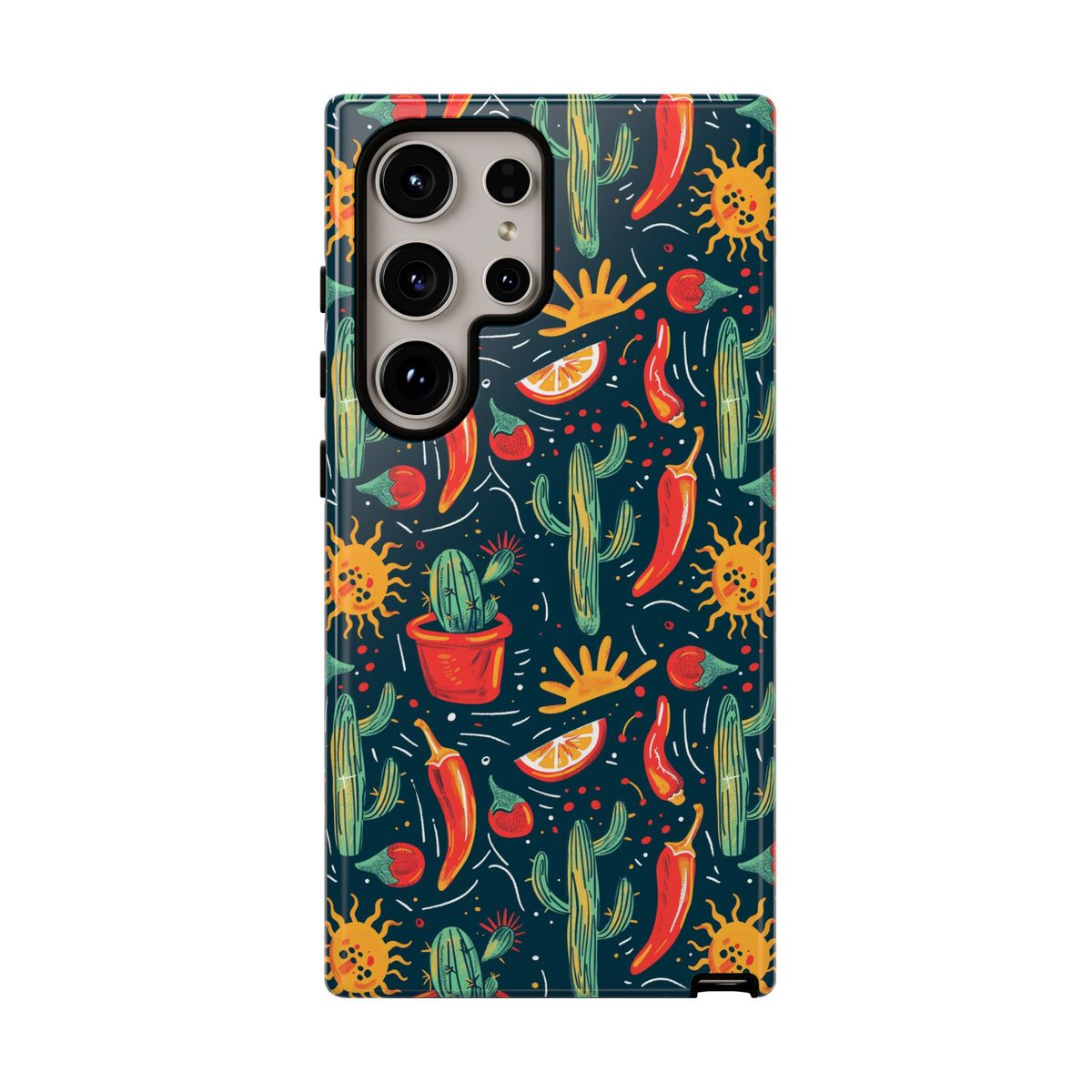 Cactuses, Peppers & Sun Pattern Phone Case – Vibrant Summer Design for Stylish Protection