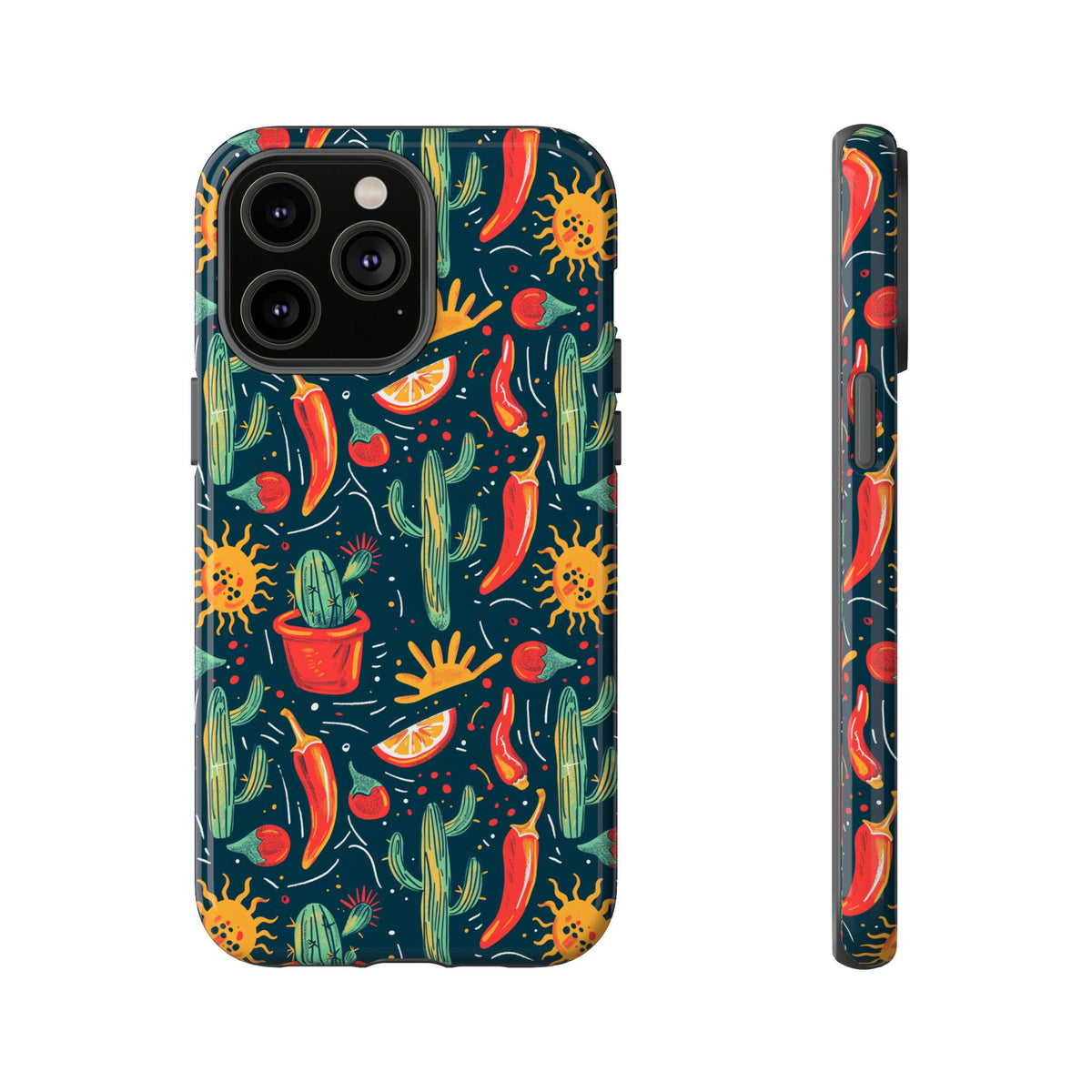 Cactuses, Peppers & Sun Pattern Phone Case – Vibrant Summer Design for Stylish Protection