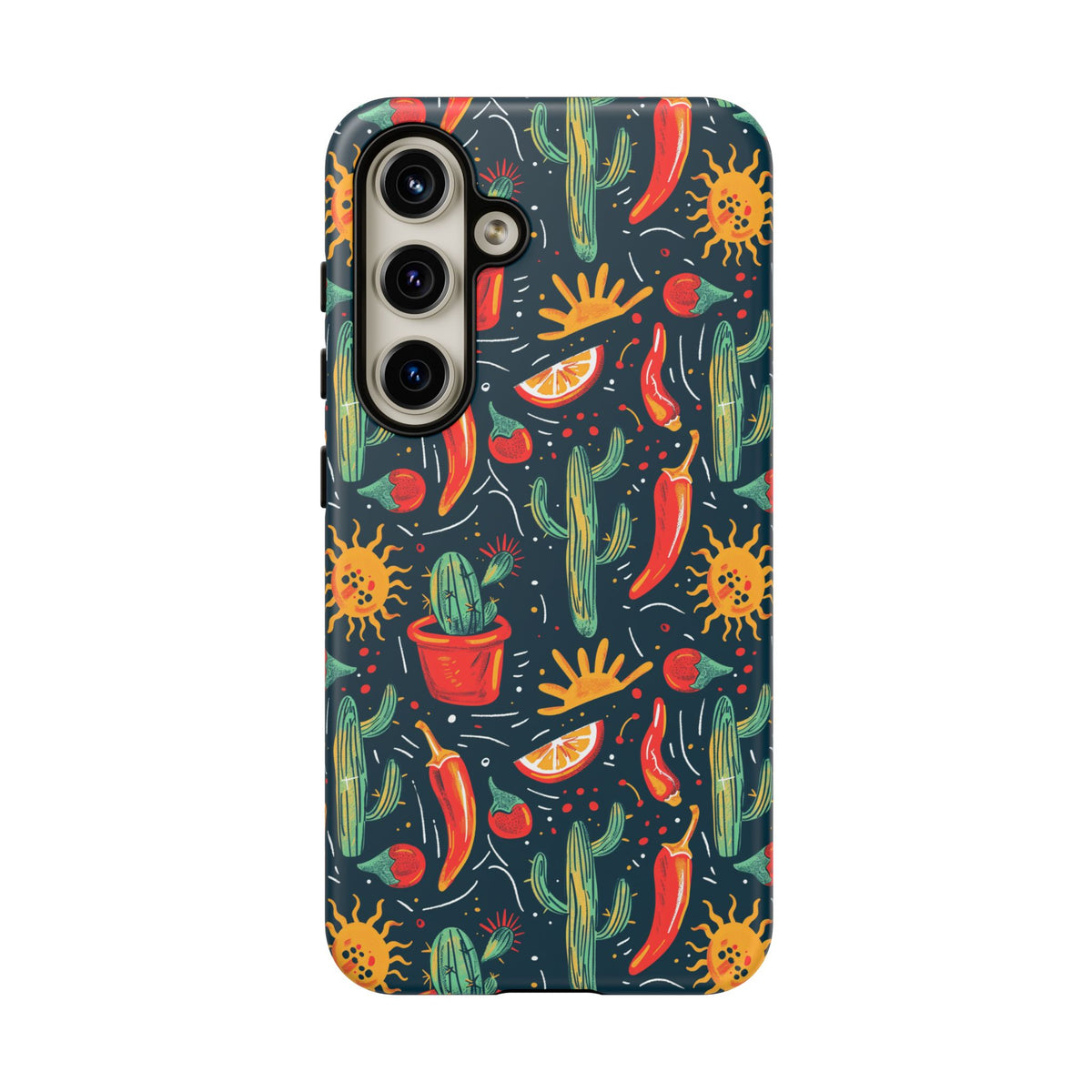 Cactuses, Peppers & Sun Pattern Phone Case – Vibrant Summer Design for Stylish Protection