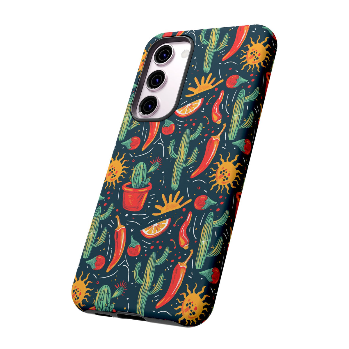 Cactuses, Peppers & Sun Pattern Phone Case – Vibrant Summer Design for Stylish Protection