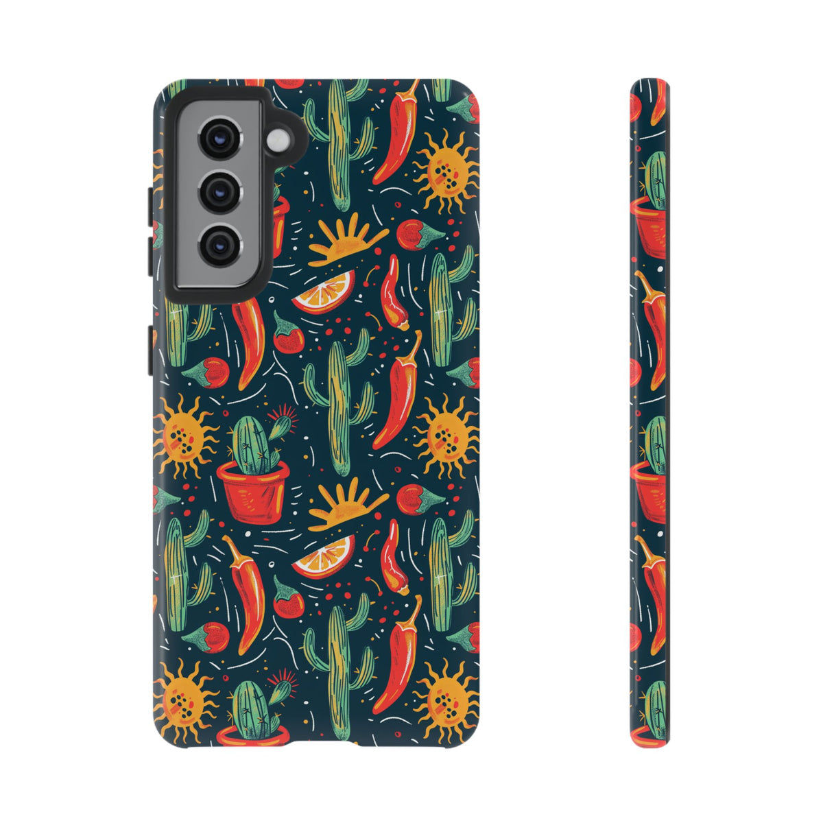 Cactuses, Peppers & Sun Pattern Phone Case – Vibrant Summer Design for Stylish Protection