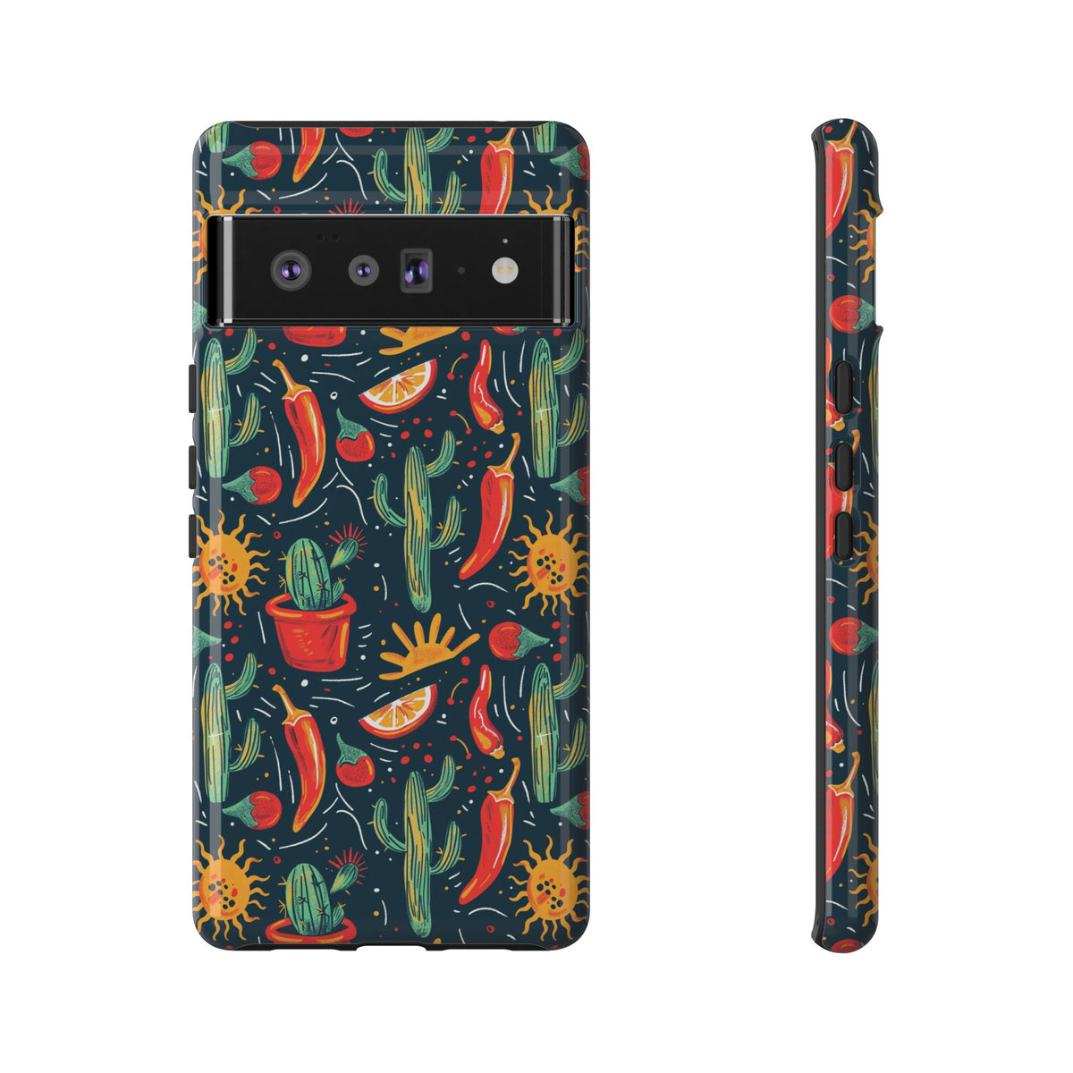 Cactuses, Peppers & Sun Pattern Phone Case – Vibrant Summer Design for Stylish Protection