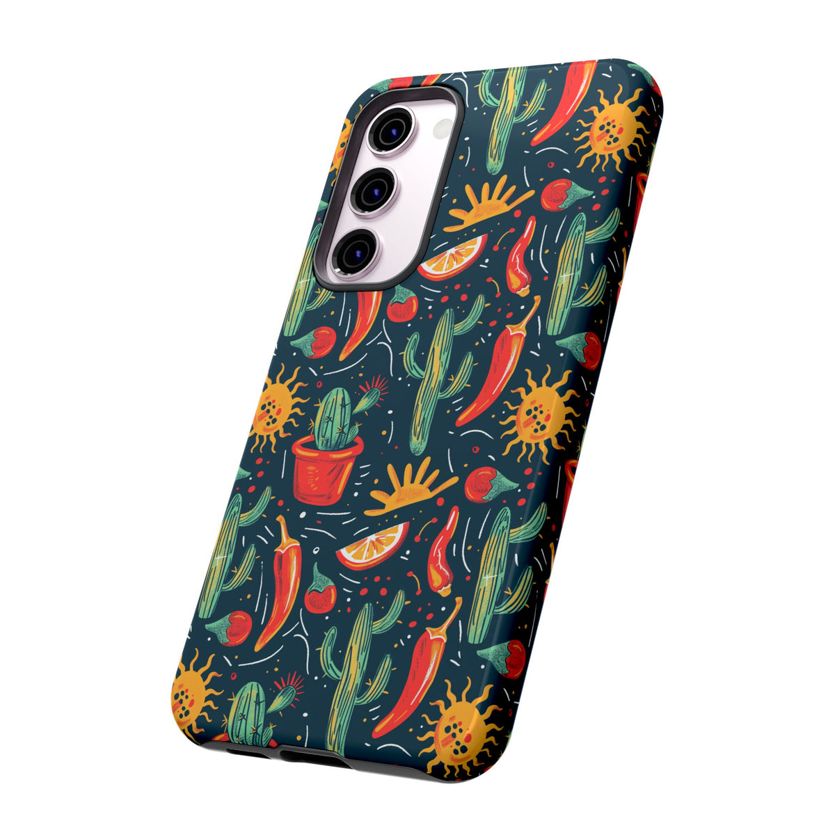 Cactuses, Peppers & Sun Pattern Phone Case – Vibrant Summer Design for Stylish Protection