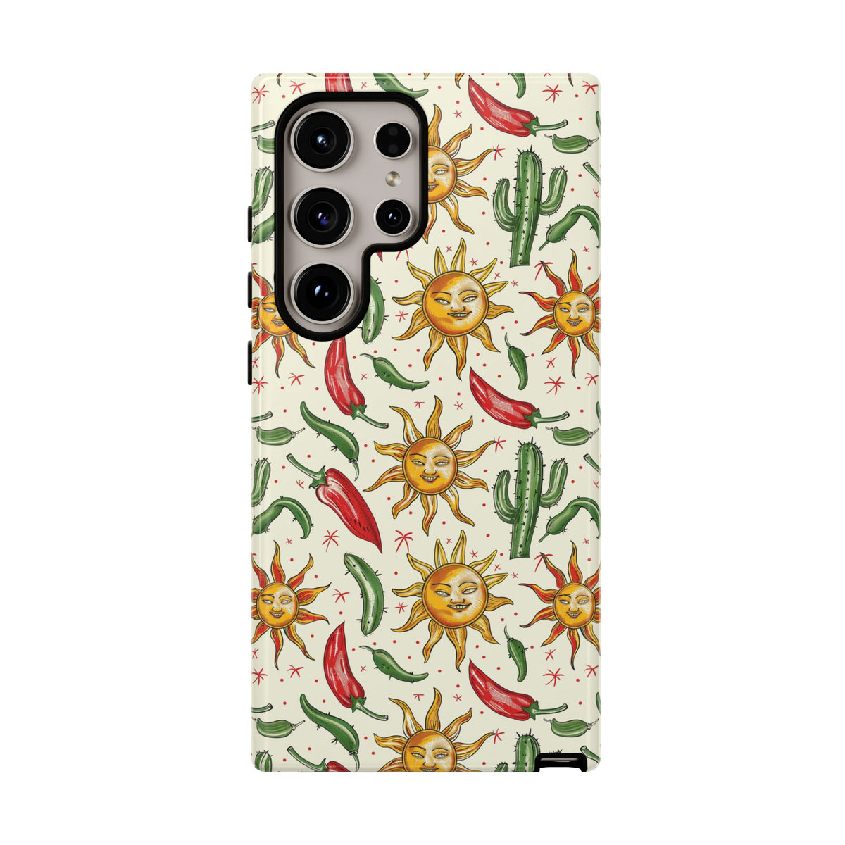 Cactuses, Peppers & Sun Pattern Phone Case – Vibrant Summer Design for Stylish Protection