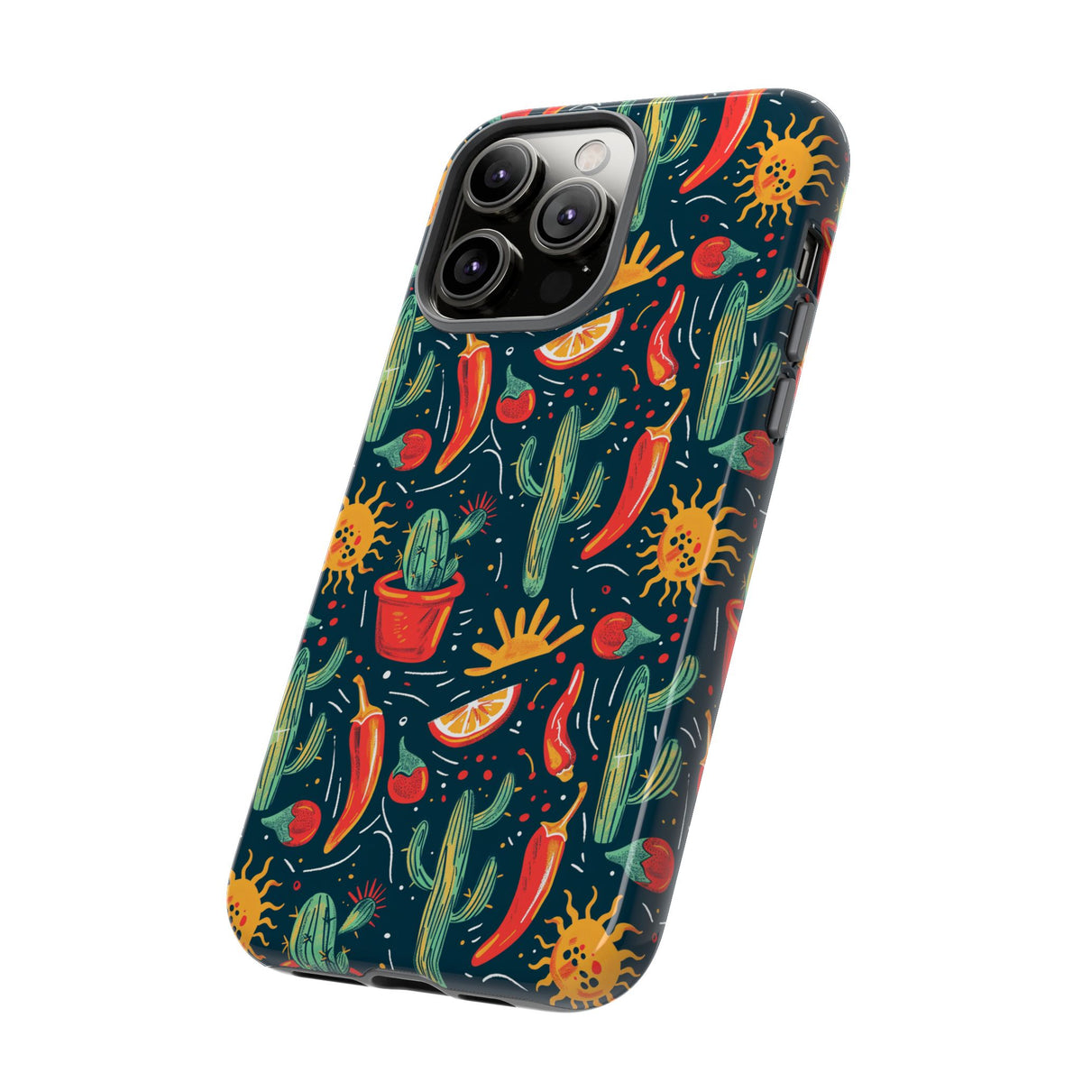 Cactuses, Peppers & Sun Pattern Phone Case – Vibrant Summer Design for Stylish Protection