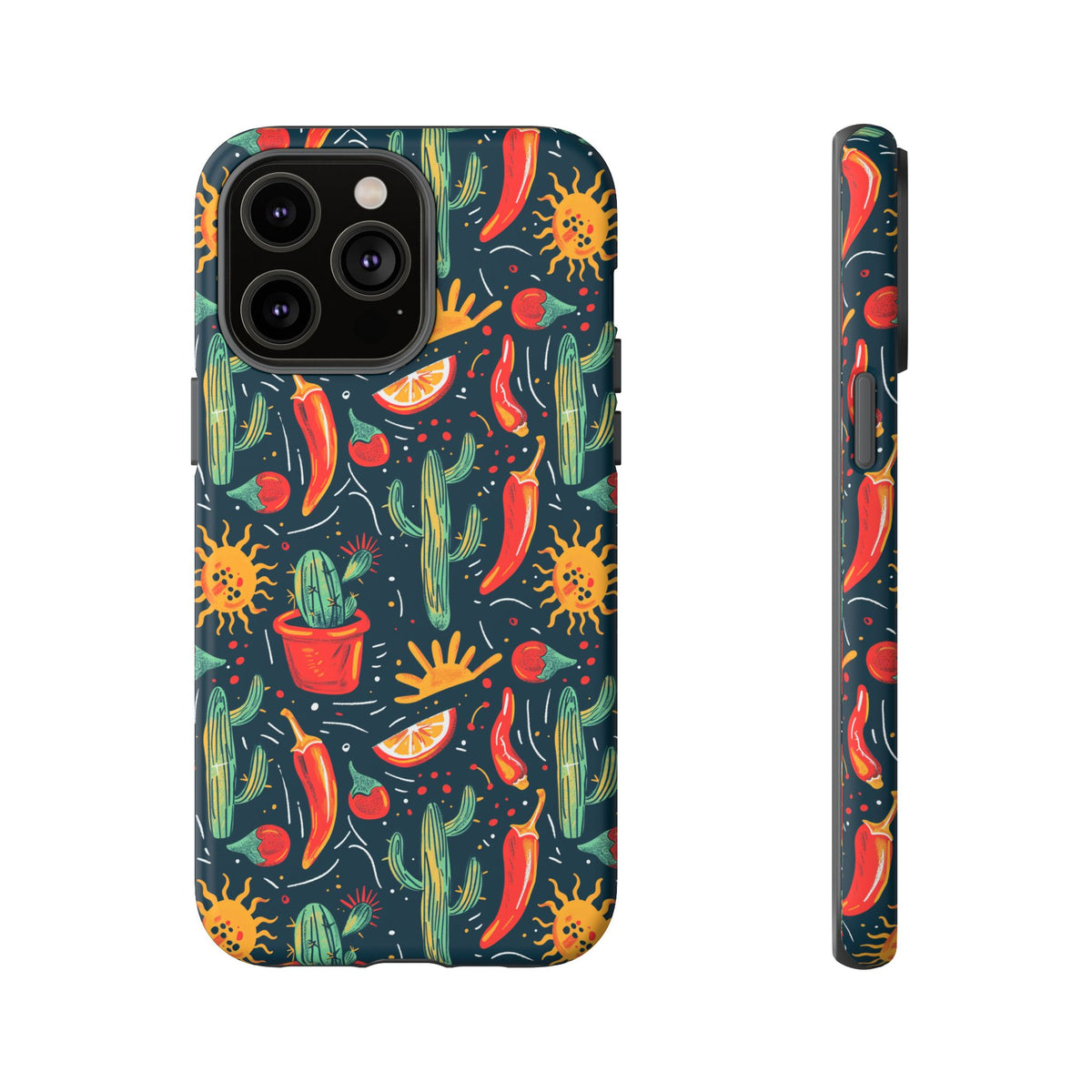 Cactuses, Peppers & Sun Pattern Phone Case – Vibrant Summer Design for Stylish Protection