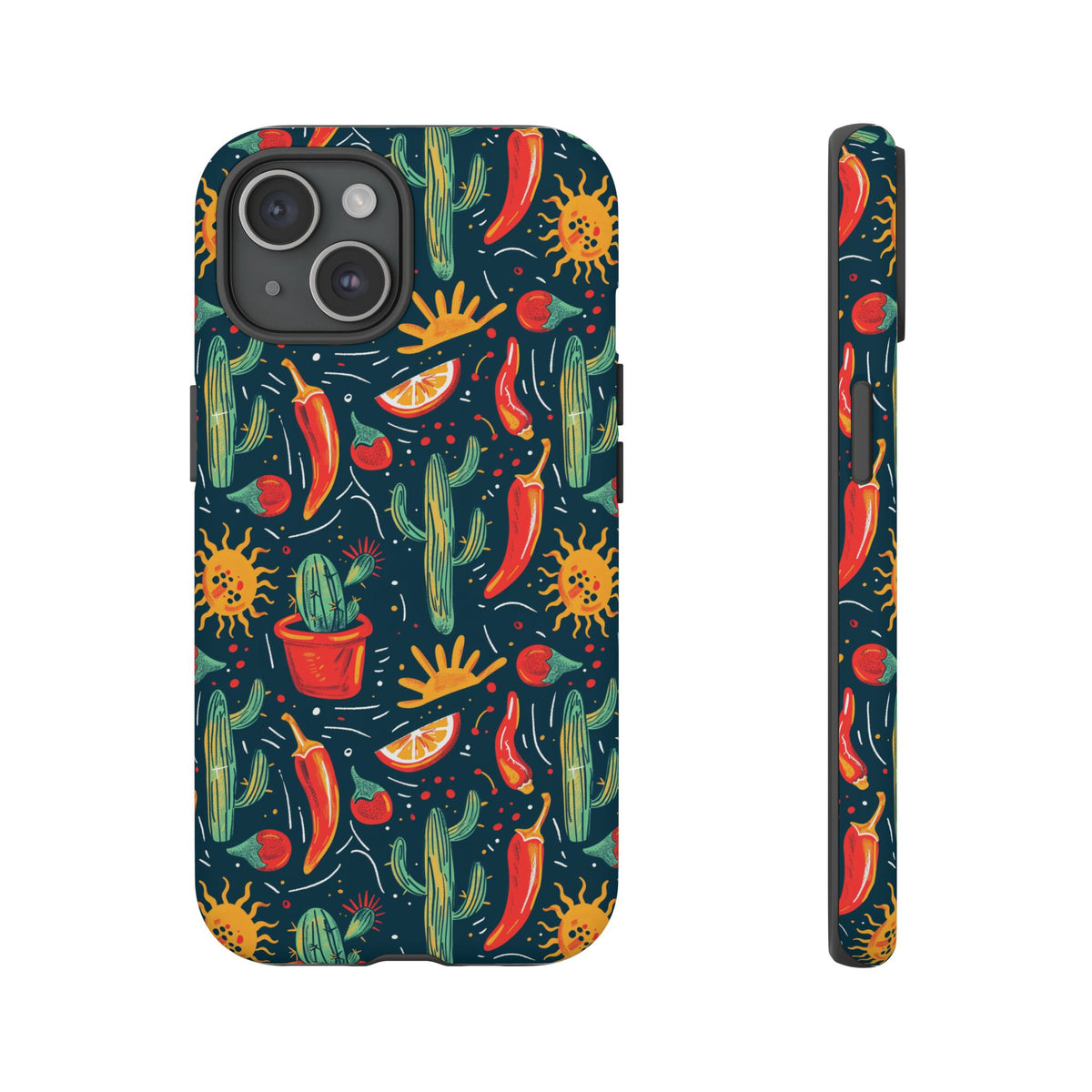 Cactuses, Peppers & Sun Pattern Phone Case – Vibrant Summer Design for Stylish Protection