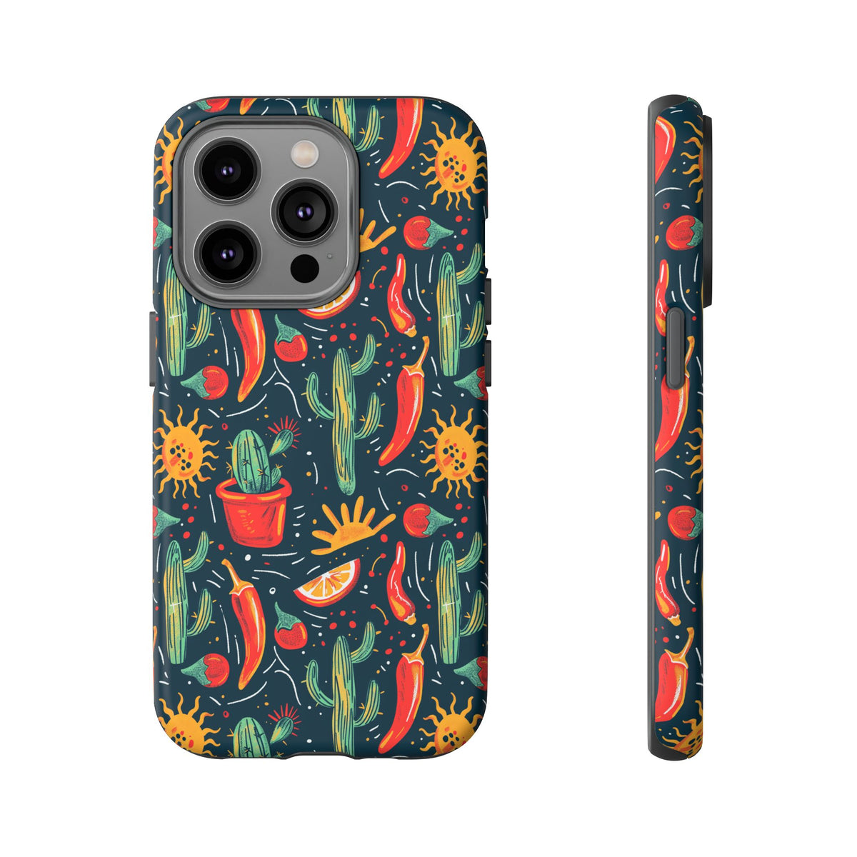 Cactuses, Peppers & Sun Pattern Phone Case – Vibrant Summer Design for Stylish Protection