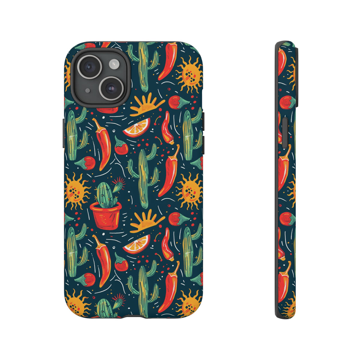 Cactuses, Peppers & Sun Pattern Phone Case – Vibrant Summer Design for Stylish Protection