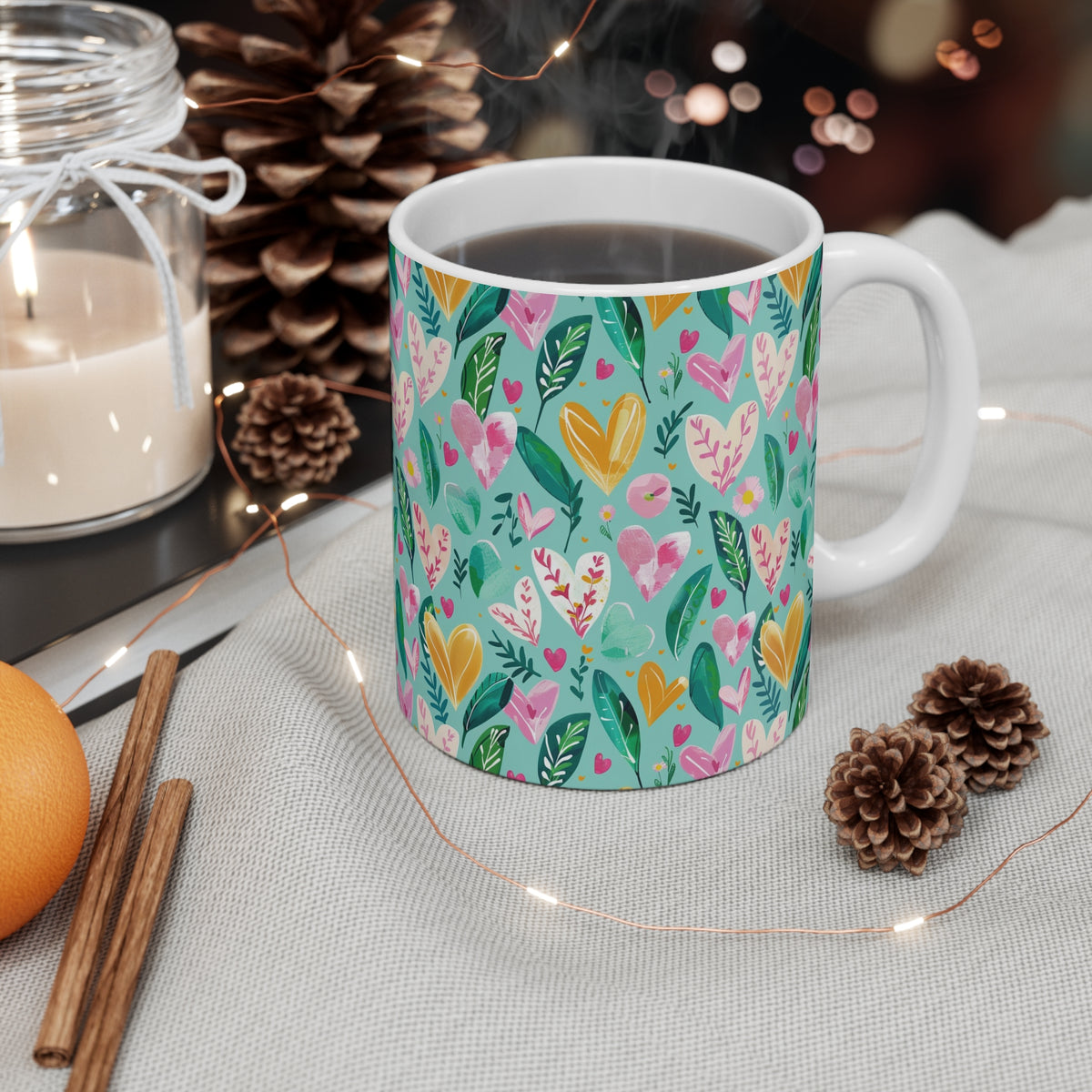 Colorful Heart Design Coffee Mug - Endless Love Pattern Ceramic Cup 165
