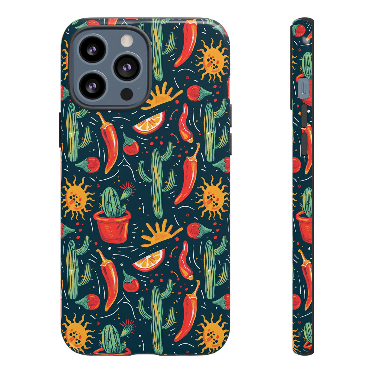 Cactuses, Peppers & Sun Pattern Phone Case – Vibrant Summer Design for Stylish Protection