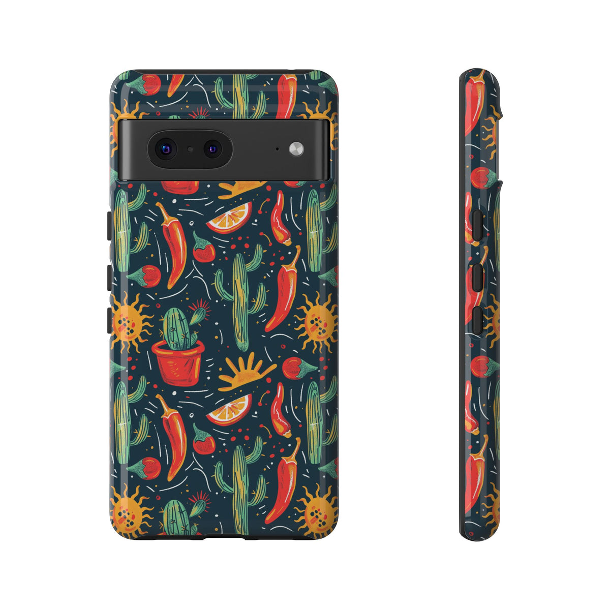 Cactuses, Peppers & Sun Pattern Phone Case – Vibrant Summer Design for Stylish Protection