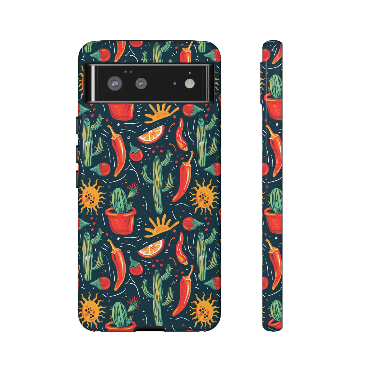 Cactuses, Peppers & Sun Pattern Phone Case – Vibrant Summer Design for Stylish Protection