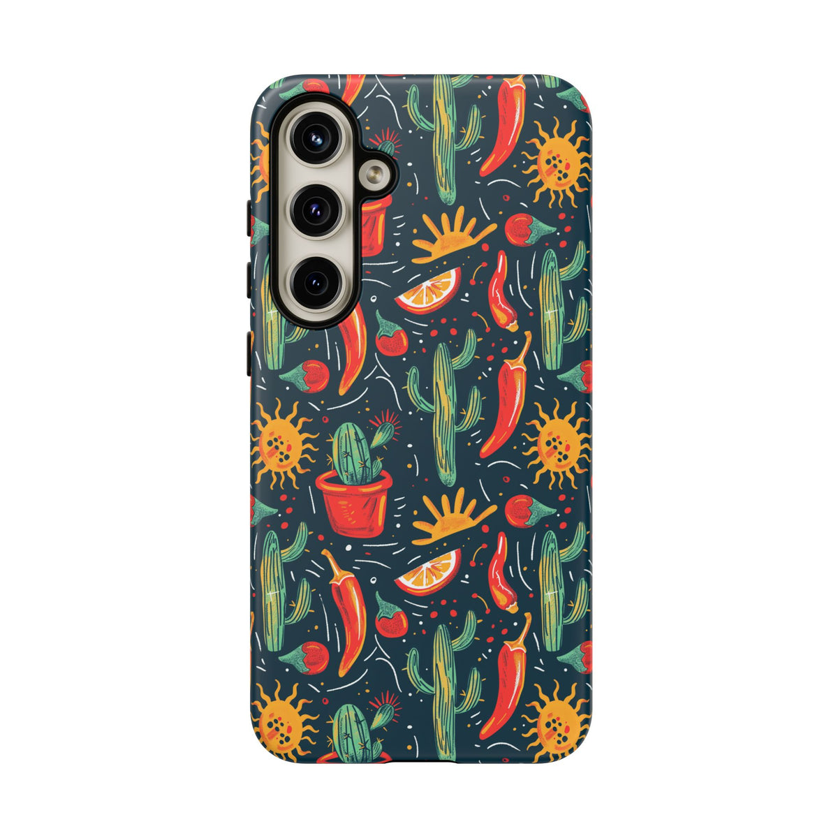 Cactuses, Peppers & Sun Pattern Phone Case – Vibrant Summer Design for Stylish Protection