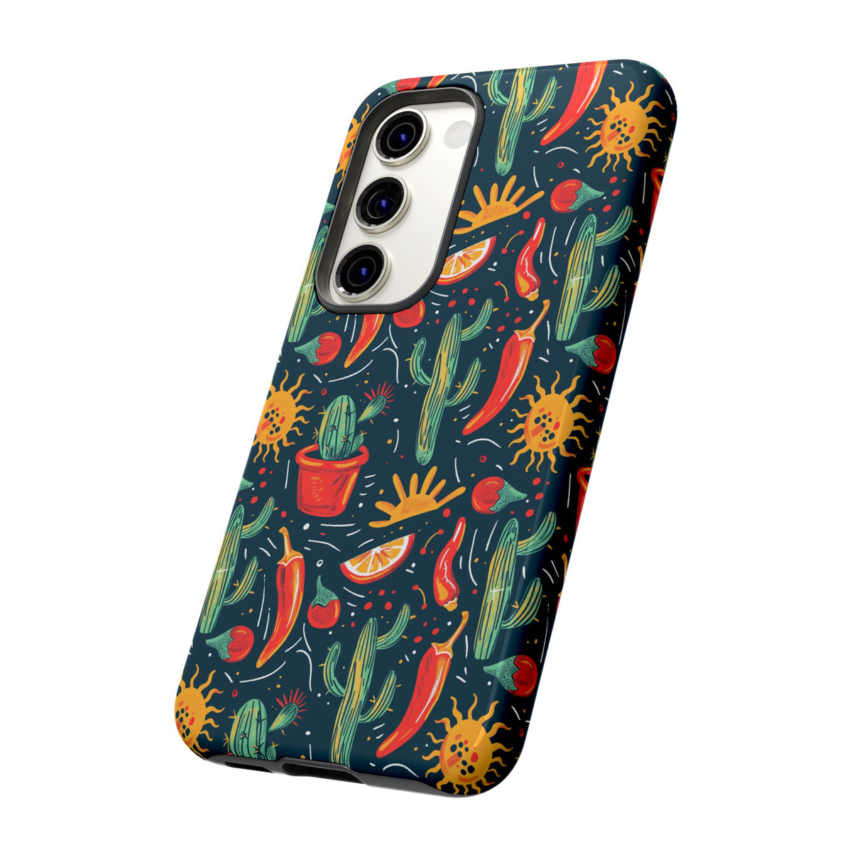 Cactuses, Peppers & Sun Pattern Phone Case – Vibrant Summer Design for Stylish Protection