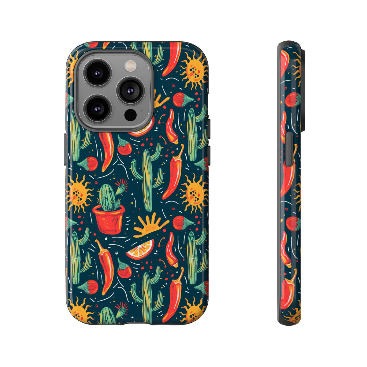 Cactuses, Peppers & Sun Pattern Phone Case – Vibrant Summer Design for Stylish Protection