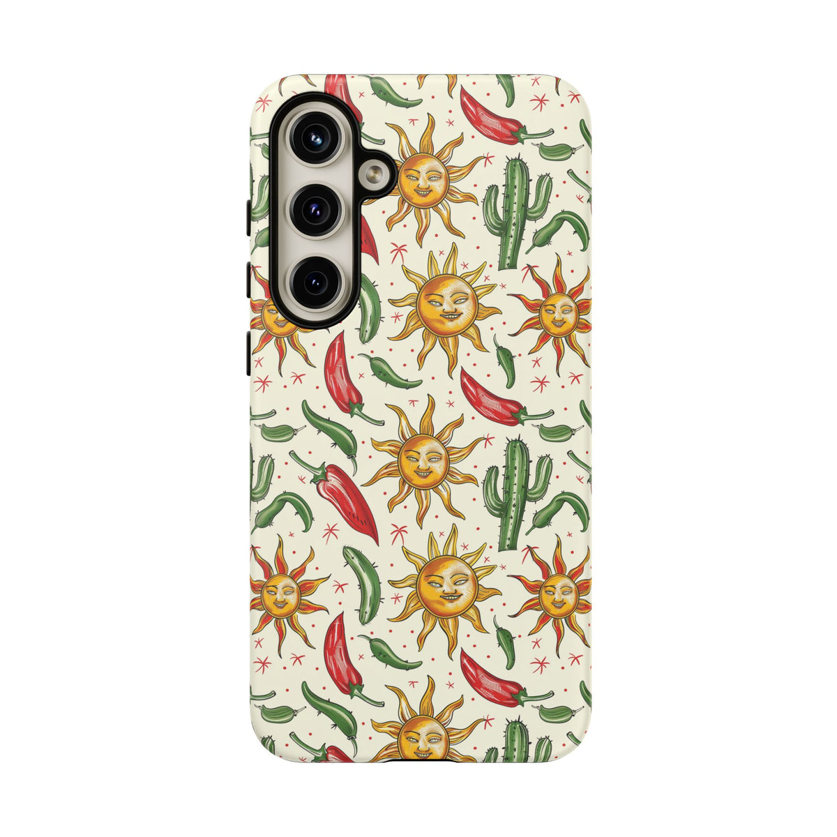 Cactuses, Peppers & Sun Pattern Phone Case – Vibrant Summer Design for Stylish Protection