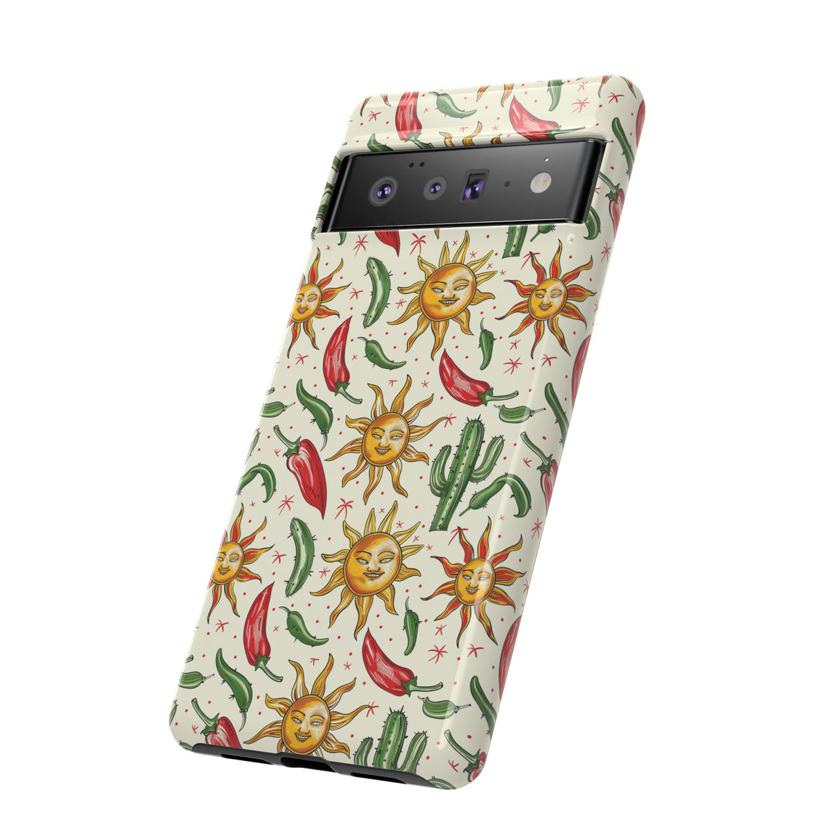 Cactuses, Peppers & Sun Pattern Phone Case – Vibrant Summer Design for Stylish Protection