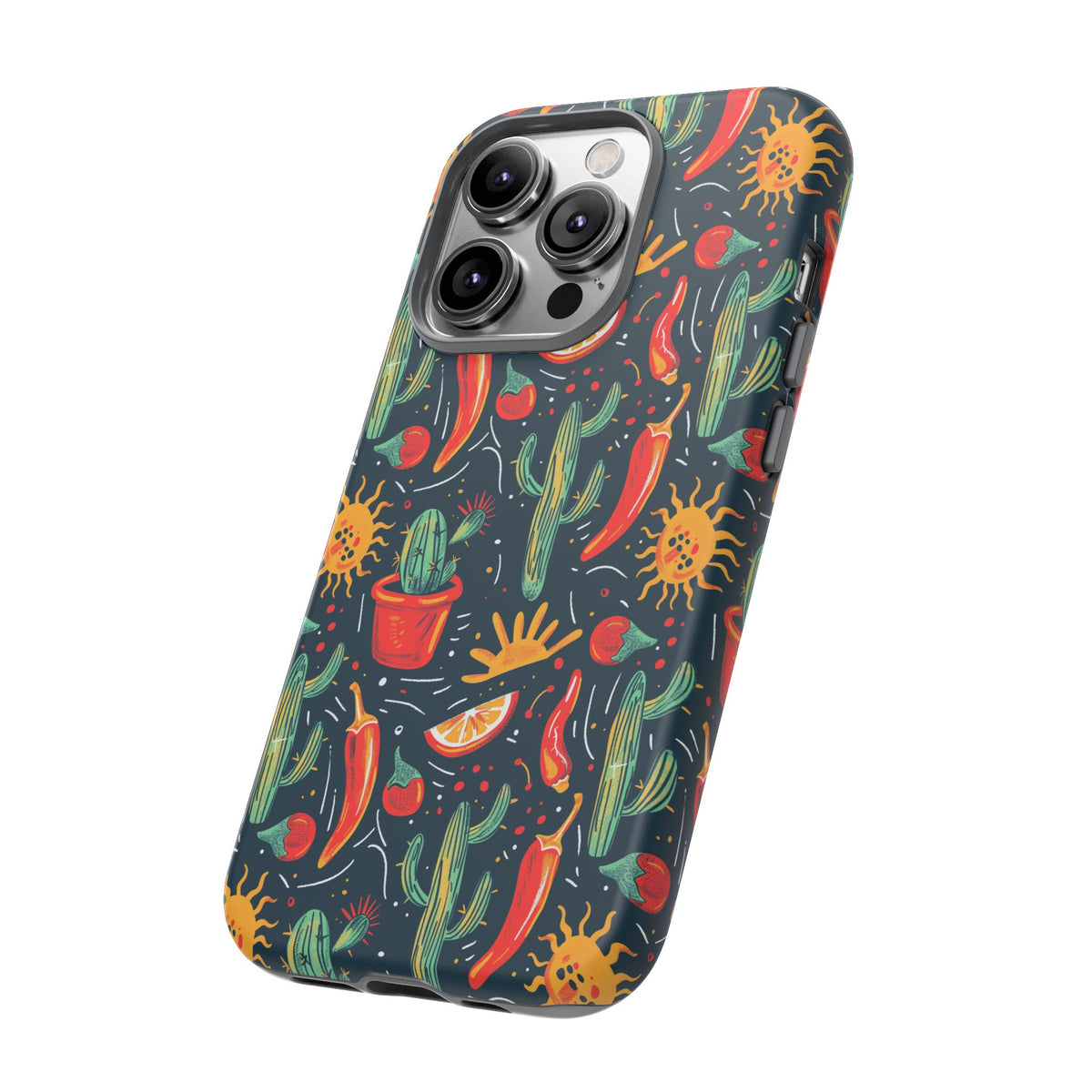 Cactuses, Peppers & Sun Pattern Phone Case – Vibrant Summer Design for Stylish Protection