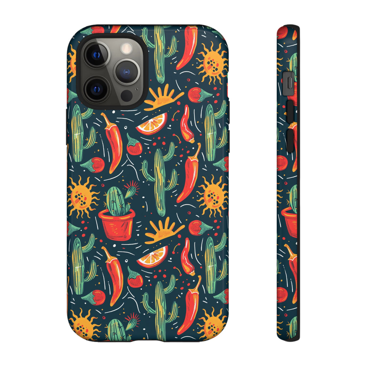 Cactuses, Peppers & Sun Pattern Phone Case – Vibrant Summer Design for Stylish Protection