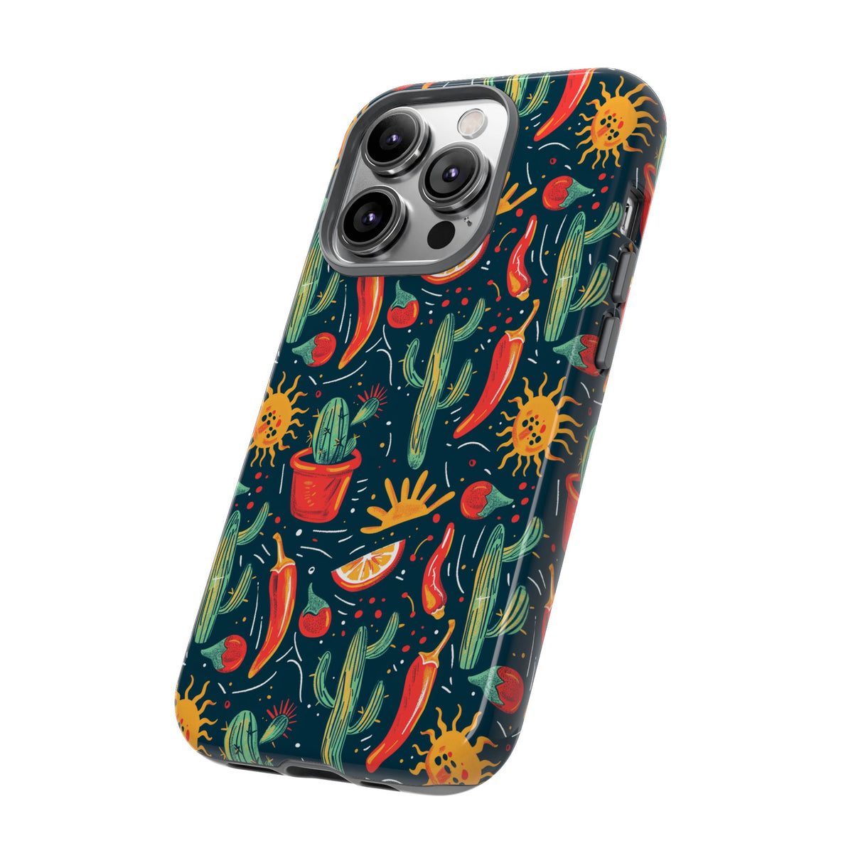 Cactuses, Peppers & Sun Pattern Phone Case – Vibrant Summer Design for Stylish Protection